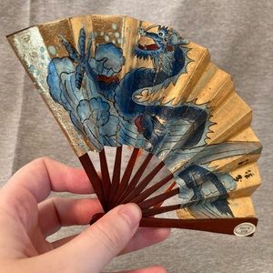 Small Blue Dragon Gold Fan - Vintage